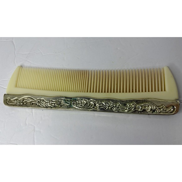 Vintage Ornate Metal & Ivory Plastic Hair Comb Floral Design Vanity Grooming - Picture 4 of 5